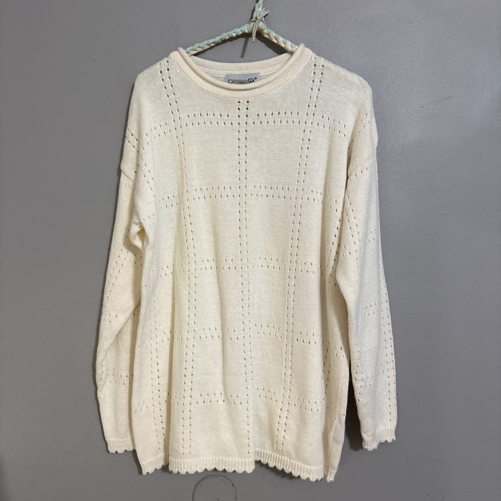 Vintage Knit Cabin Creek Sweater Pointelle Ivory Off White Pullover Hong Kong Lg